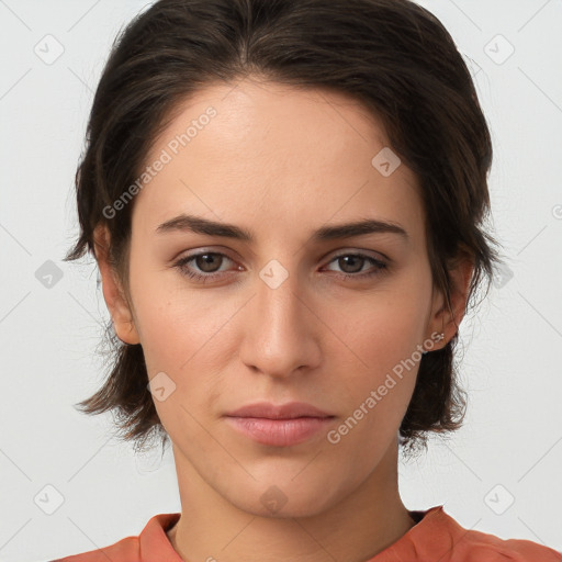 Neutral white young-adult female with medium  brown hair and brown eyes