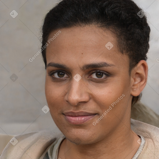 Joyful white young-adult female with short  brown hair and brown eyes