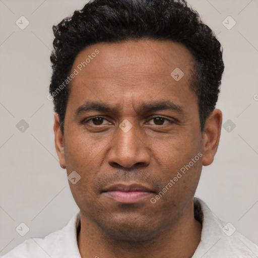 Neutral latino adult male with short  black hair and brown eyes