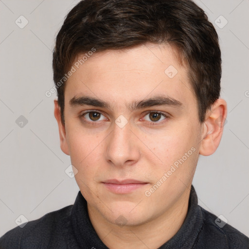 Neutral white young-adult male with short  brown hair and brown eyes