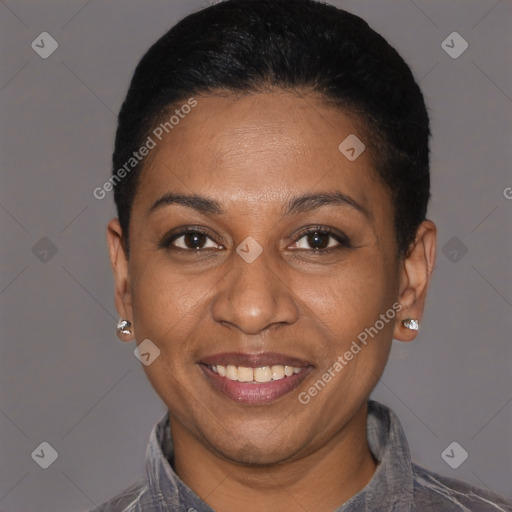 Joyful black adult female with short  black hair and brown eyes