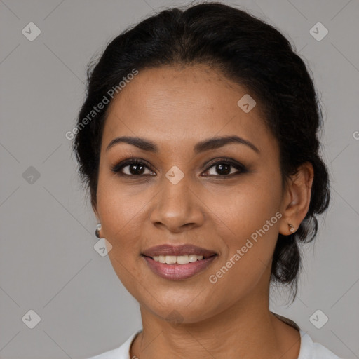 Joyful latino young-adult female with medium  black hair and brown eyes