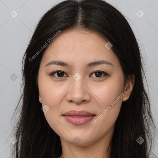 Joyful asian young-adult female with long  brown hair and brown eyes