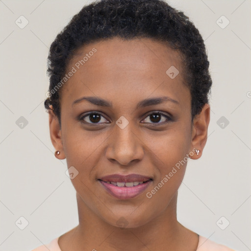 Joyful black young-adult female with short  brown hair and brown eyes