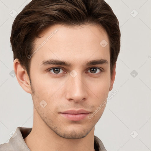 Neutral white young-adult male with short  brown hair and grey eyes