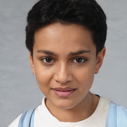 Joyful white young-adult female with short  black hair and brown eyes