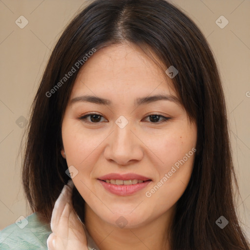 Joyful white young-adult female with medium  brown hair and brown eyes