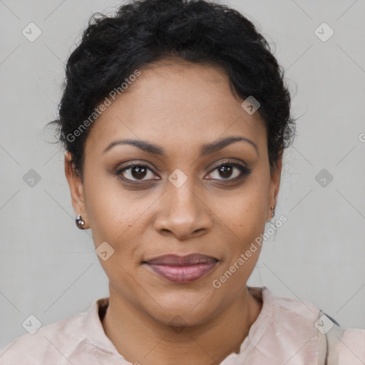 Joyful latino young-adult female with short  brown hair and brown eyes