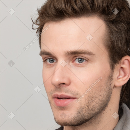 Neutral white young-adult male with short  brown hair and grey eyes