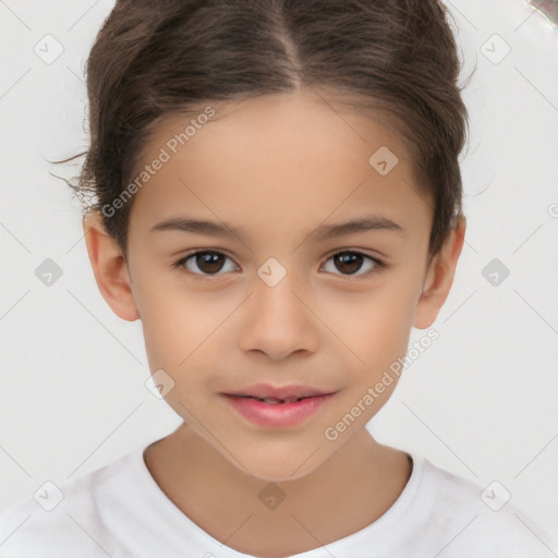 Joyful white child female with short  brown hair and brown eyes