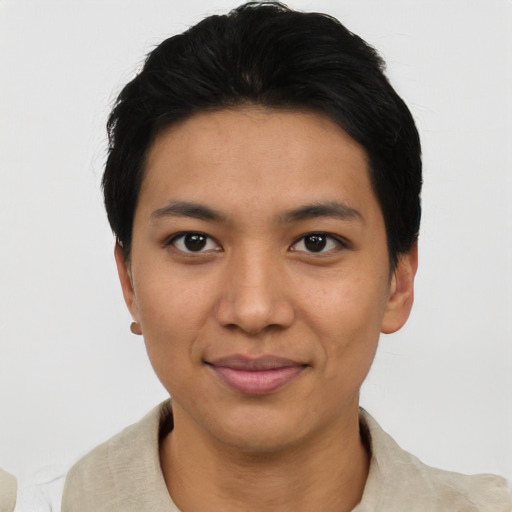 Joyful asian young-adult female with short  black hair and brown eyes