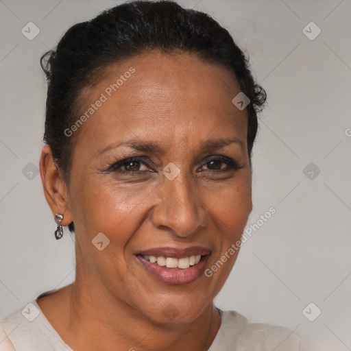 Joyful black adult female with short  brown hair and brown eyes