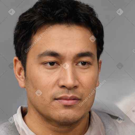 Neutral asian young-adult male with short  brown hair and brown eyes