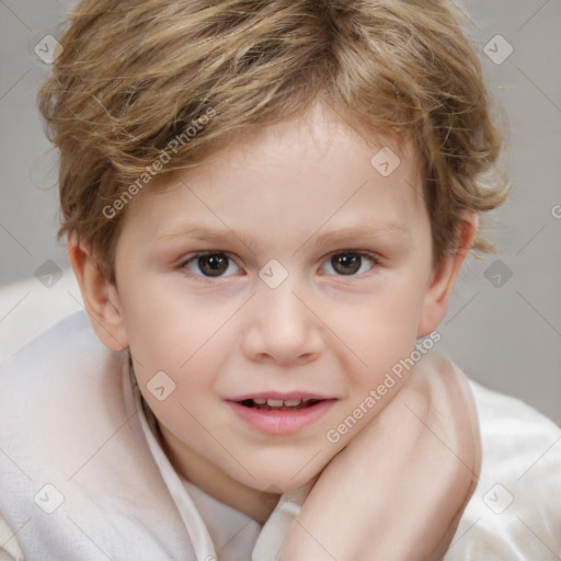 Joyful white child female with short  brown hair and brown eyes