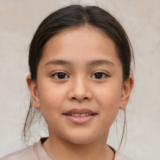 Joyful white child female with medium  brown hair and brown eyes