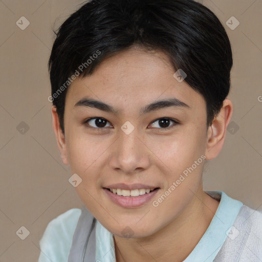 Joyful asian young-adult female with short  brown hair and brown eyes