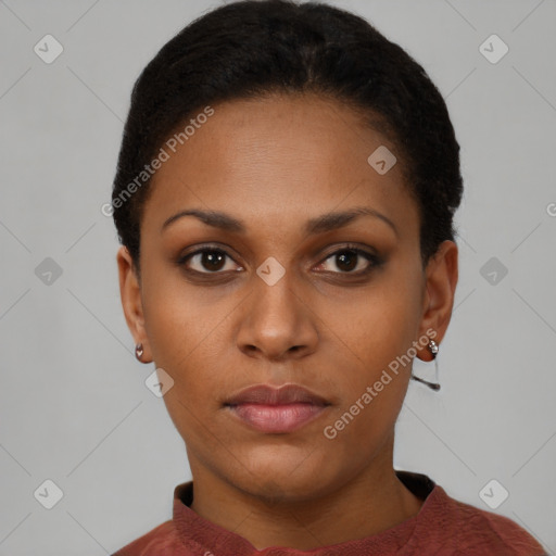 Neutral black young-adult female with short  black hair and brown eyes