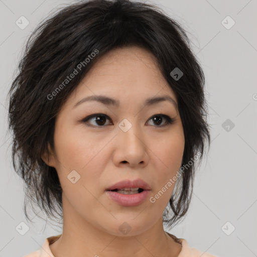 Neutral asian young-adult female with medium  brown hair and brown eyes