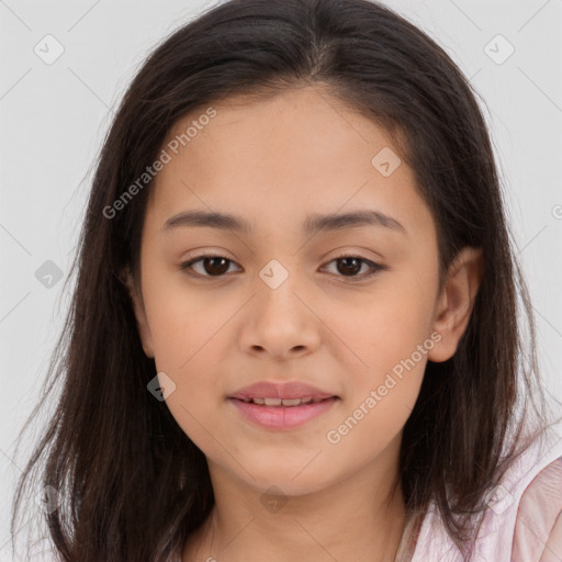 Joyful white child female with medium  brown hair and brown eyes