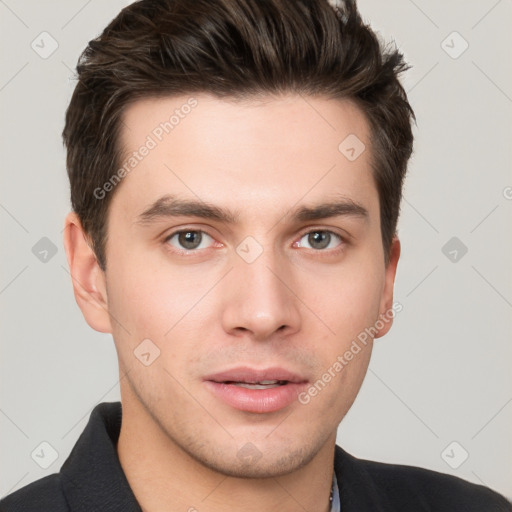 Neutral white young-adult male with short  brown hair and brown eyes