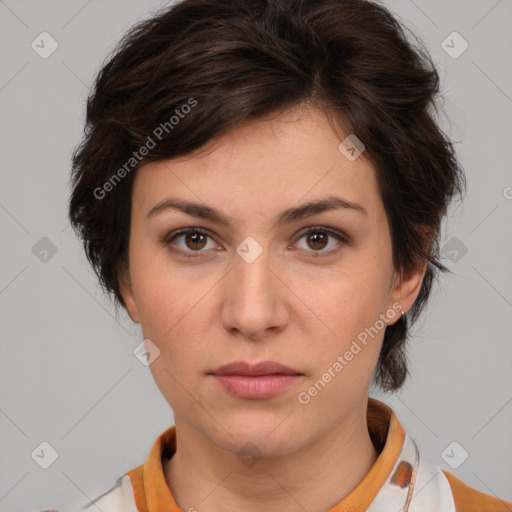 Neutral white young-adult female with medium  brown hair and brown eyes