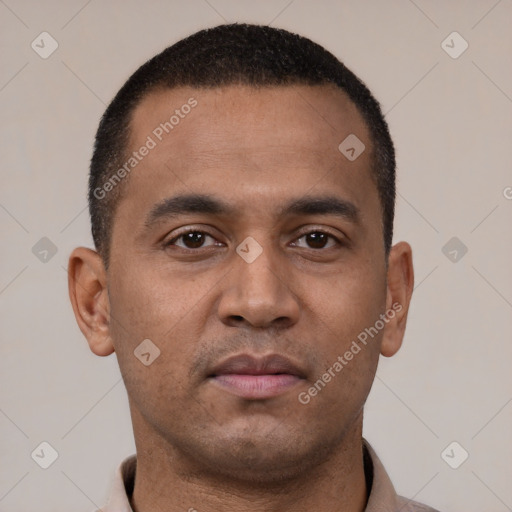 Neutral latino young-adult male with short  brown hair and brown eyes