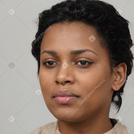 Neutral black young-adult female with short  black hair and brown eyes