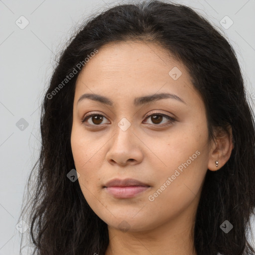 Joyful asian young-adult female with long  brown hair and brown eyes