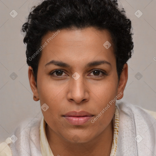 Joyful latino young-adult female with short  brown hair and brown eyes