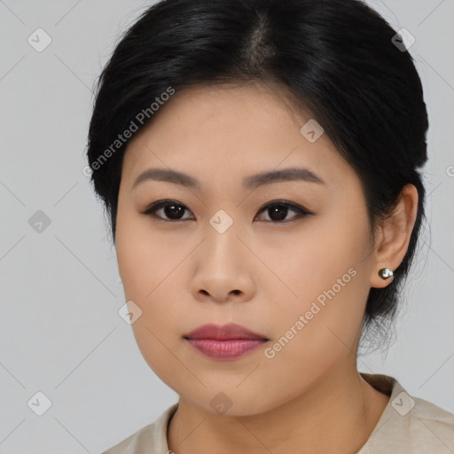 Neutral asian young-adult female with medium  black hair and brown eyes