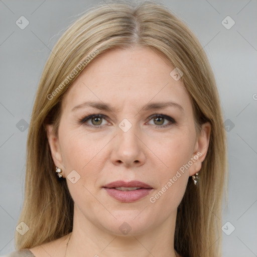 Joyful white adult female with medium  brown hair and grey eyes