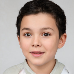 Joyful white child female with short  brown hair and brown eyes