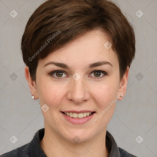 Joyful white young-adult female with short  brown hair and grey eyes