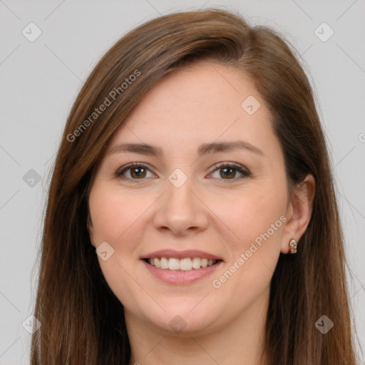 Joyful white young-adult female with long  brown hair and brown eyes