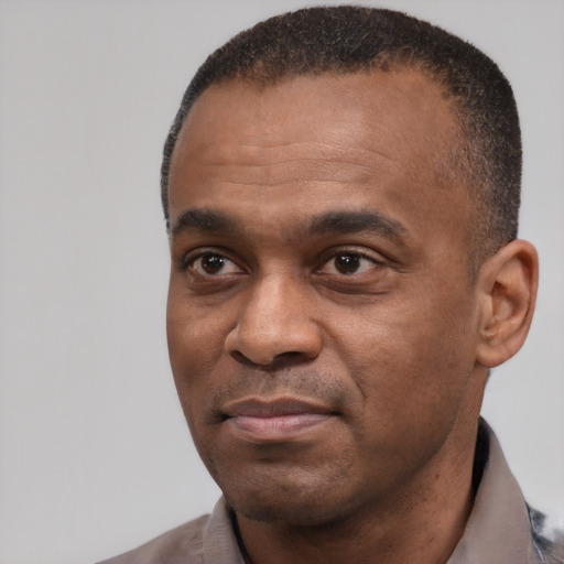 Joyful black adult male with short  black hair and brown eyes