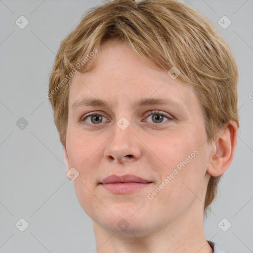 Joyful white young-adult female with short  brown hair and grey eyes