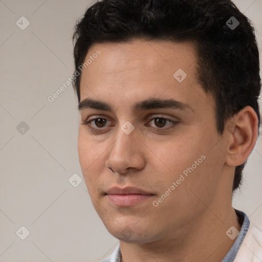 Neutral white young-adult male with short  black hair and brown eyes