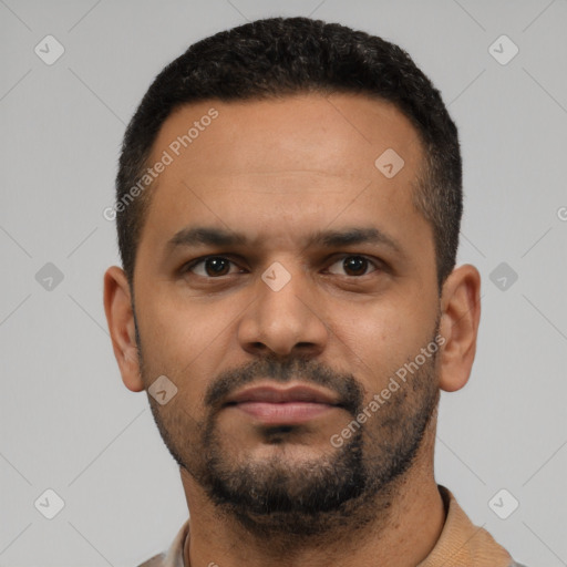 Neutral latino young-adult male with short  black hair and brown eyes
