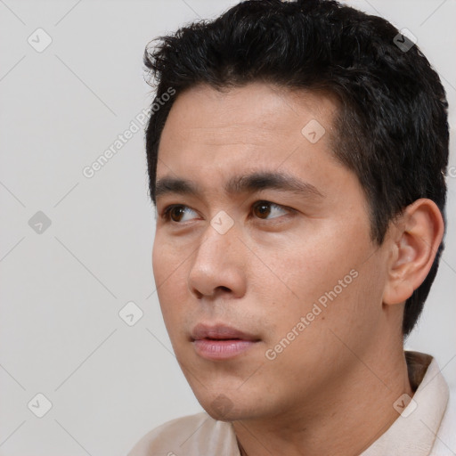 Neutral asian young-adult male with short  black hair and brown eyes