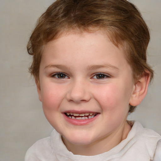 Joyful white child female with short  brown hair and brown eyes