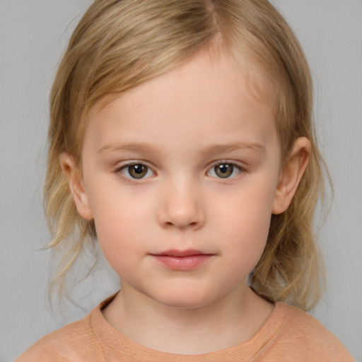 Neutral white child female with medium  brown hair and grey eyes