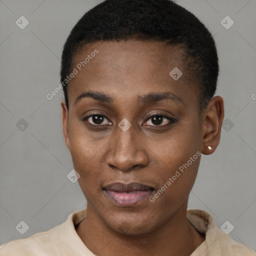 Joyful latino young-adult female with short  black hair and brown eyes
