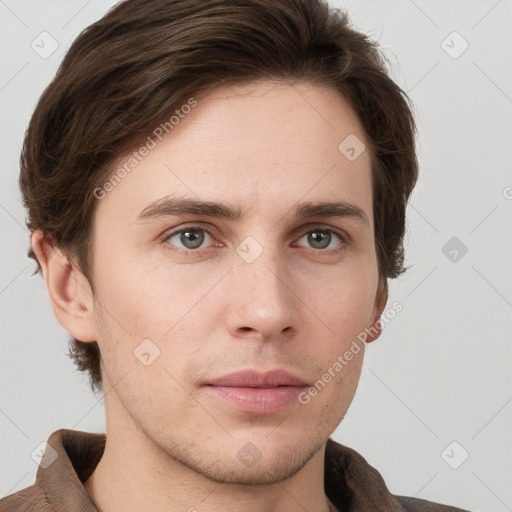 Neutral white young-adult male with short  brown hair and grey eyes