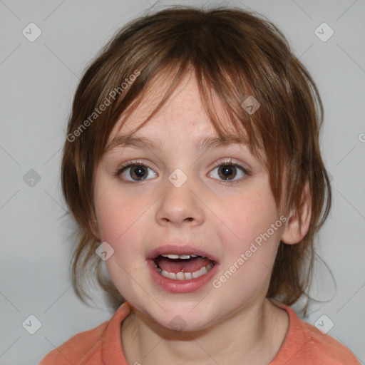 Joyful white child female with medium  brown hair and blue eyes