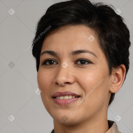 Joyful white young-adult female with short  brown hair and brown eyes