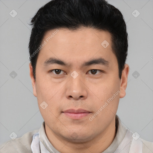 Neutral asian young-adult male with short  black hair and brown eyes