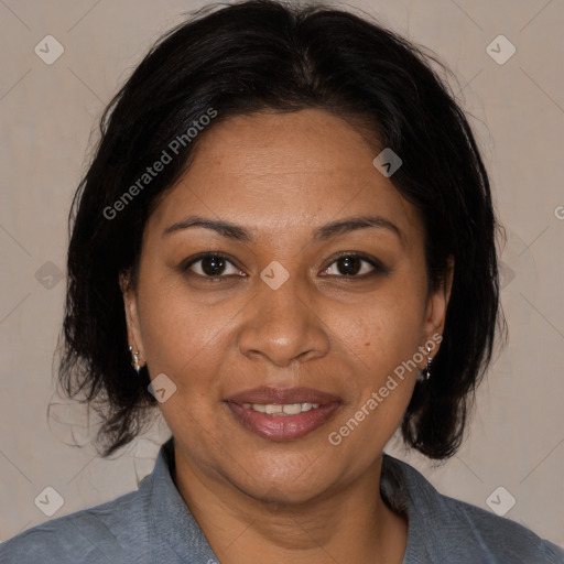 Joyful black adult female with medium  brown hair and brown eyes