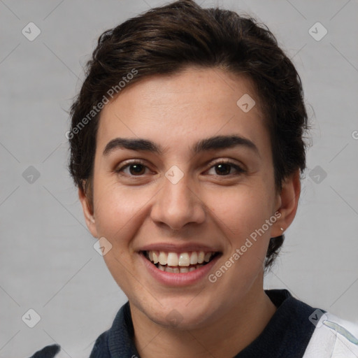 Joyful white young-adult female with medium  brown hair and brown eyes