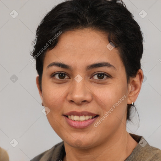 Joyful white young-adult female with short  brown hair and brown eyes