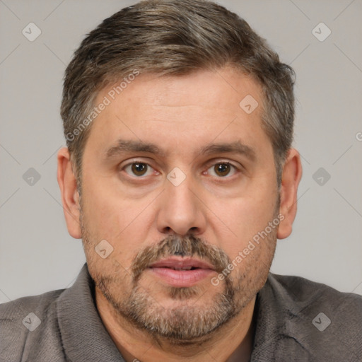 Neutral white adult male with short  brown hair and brown eyes